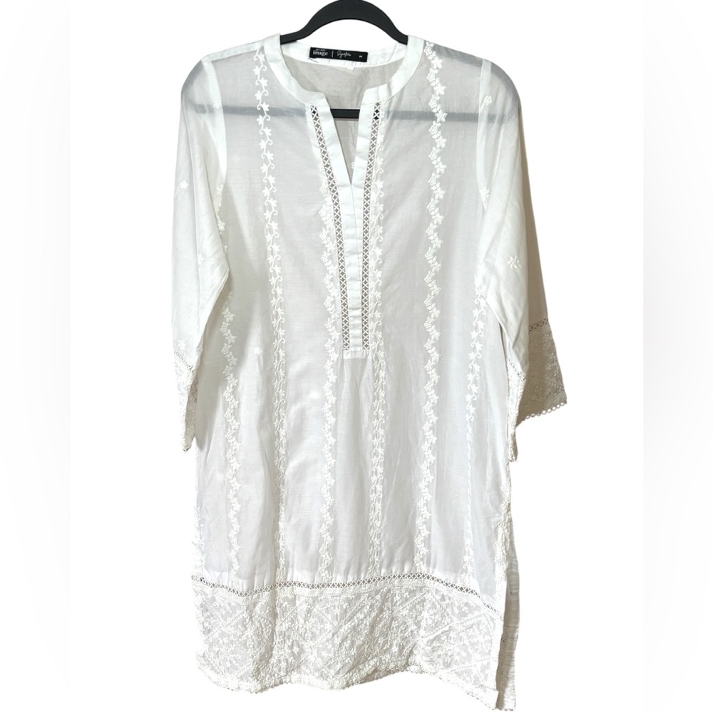Embroidered Cotton Tunic / Swim Cover-up with Eyelet Boho Summer Vacation - Picture 3 of 15